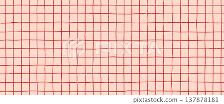 Seamless hand drawn square grid pattern. Pink red repeated doodled checkered background. Sketched thin checker paper texture. Pencil drawn journal sheet notebook template. Vector lined planer page 137878181