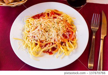 Neapolitano pasta with cheese served on platter Neapolitano pasta with cheese served on platter 137878766