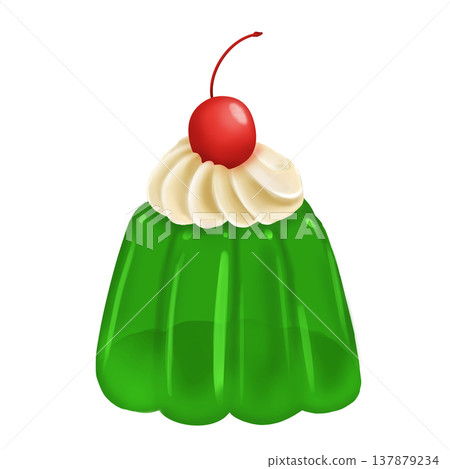 Retro melon jelly (with cherry and whipped cream) dessert illustration Retro melon jelly (with cherry and whipped cream) dessert illustration 137879234