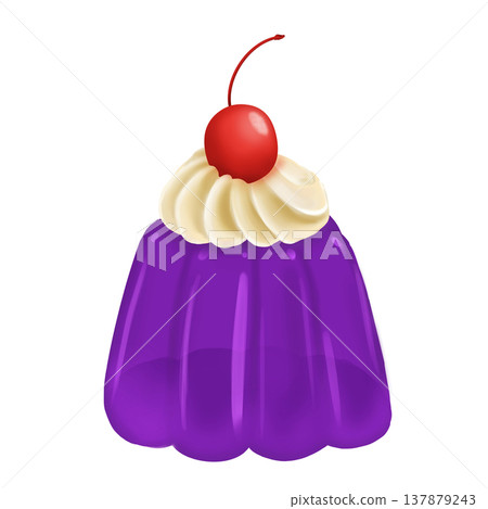 Retro grape jelly (with cherry and whipped cream) dessert illustration Retro grape jelly (with cherry and whipped cream) dessert illustration 137879243