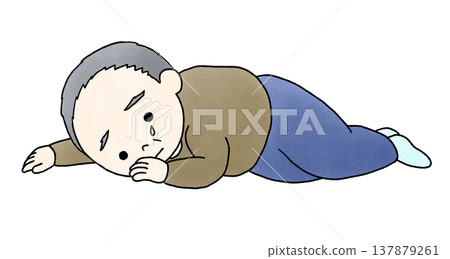 A hand-drawn illustration of an elderly man lying down and crying. A hand-drawn illustration of an elderly man lying down and crying. 137879261