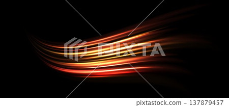 Red yellow light trail element. Glowing neon speed line waves. Hot fire color luminous curved path concept. Abstract bent dynamic motion stripes. Shiny gold streaks for poster, banner, flyer. Vector 137879457