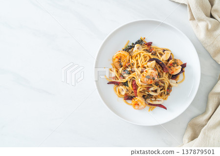 spicy spaghetti seafood on plate spicy spaghetti seafood on plate 137879501