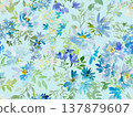 手繪水彩藍色花卉植物的無縫圖案。時尚的花卉壁紙。 137879607