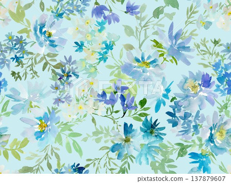 A seamless pattern of hand-painted watercolor blue flowers and plants. Stylish floral wallpaper. 137879607