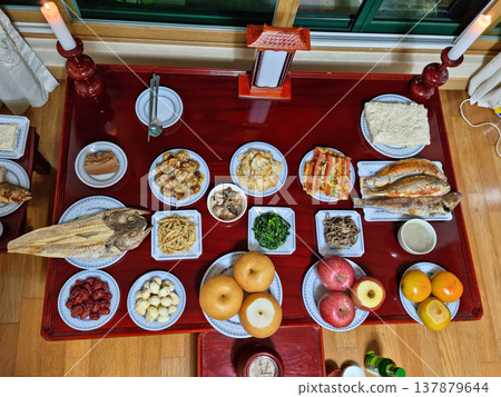 A prize with food dedicated to ancestors. The turn is the traditional Korean culture of preparing food on the morning of a holiday and bowing down to ancestors. 137879644