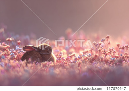Relaxed Rabbit Nestled in Blooming Wildflowers Under Soft Sunrise Light 137879647