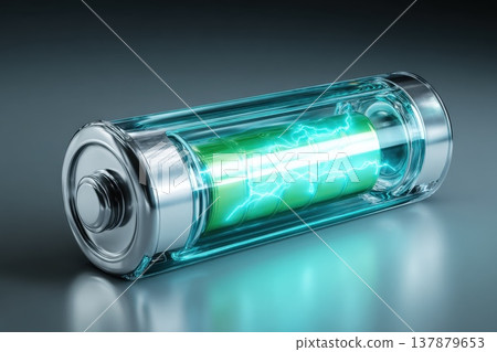 High-Tech Rechargeable Battery with Embedded AI Chip and Glowing Components 137879653