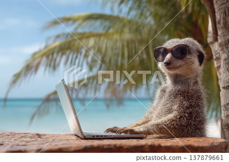Animal in Sunglasses Relaxing at Beach with Laptop Under Palm Trees Animal in Sunglasses Relaxing at Beach with Laptop Under Palm Trees 137879661