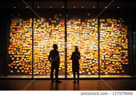 Massive Transparent Glass Wall Covered in Intricate Colorful Notes and Post-It Stickers Display 137879666