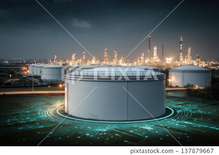 Illuminated Industrial Energy Storage Facility at Night with Advanced Technology Elements Illuminated Industrial Energy Storage Facility at Night with Advanced Technology Elements 137879667