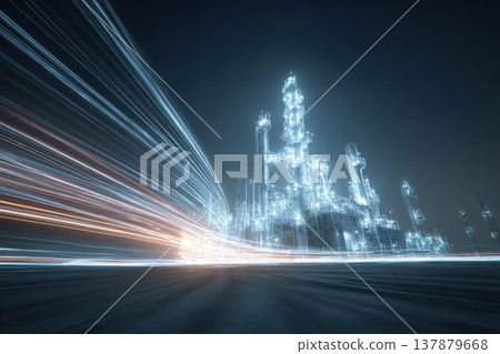 Futuristic Visualization of Complex Industrial Refinery in Neon Light Styles at Night 137879668