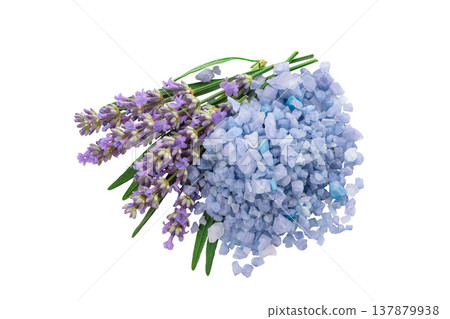 Lavender flowers and blue bath salts on a table, isolated, PNG Lavender flowers and blue bath salts on a table, isolated, PNG 137879938