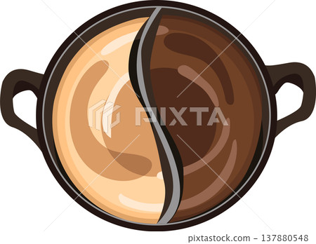 divided hot pot dual broth top view vector illustration sukiyaki dark soup and pork bone broth 137880548