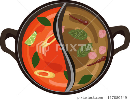split hot pot with spicy tom yum and herbal chim chum broth top view. for thai food menu design 137880549
