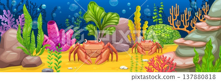 Underwater landscape game background with crabs and seaweeds. Cartoon vector aquatic ocean wildlife, sea coral reef with crab, algae plant and rocks. Tropical marine nature with habitat and ecosystem 137880818