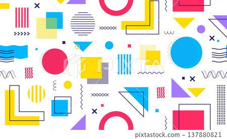 Geometric Memphis seamless pattern with overlapping square, circle, triangle and wavy decorations, dots, stripes and waves. Abstract vector ornament for posters, covers, cool fashion party design Geometric Memphis seamless pattern with overlapping square, circle, triangle and wavy decorations, dots, stripes and waves. Abstract vector ornament for posters, covers, cool fashion party design 137880821