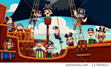 Caribbean kid pirates and corsairs at ship deck on sailing adventure, cartoon vector background. Kid pirates, boy captain corsair and girl sailor in tricorne hat with muskets and sabers on sailboat Caribbean kid pirates and corsairs at ship deck on sailing adventure, cartoon vector background. Kid pirates, boy captain corsair and girl sailor in tricorne hat with muskets and sabers on sailboat 137880823