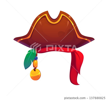 Pirate tricorn hat or corsair and captain headwear with bandana headband, cartoon vector. Caribbean pirate tricorn hat with feather and golden trinket decoration, sailor filibuster and boatswain hat Pirate tricorn hat or corsair and captain headwear with bandana headband, cartoon vector. Caribbean pirate tricorn hat with feather and golden trinket decoration, sailor filibuster and boatswain hat 137880825
