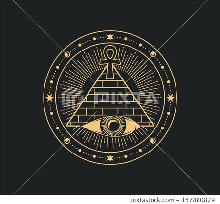 Mystical, magic and astrology occult symbol. Golden vector ornament with Egyptian pyramid, radiant sun, watchful eye, moons, planets, and stars. Detailed occult symbol for mystical tattoo design Mystical, magic and astrology occult symbol. Golden vector ornament with Egyptian pyramid, radiant sun, watchful eye, moons, planets, and stars. Detailed occult symbol for mystical tattoo design 137880829