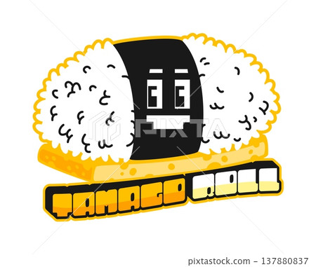 Asian restaurant tamago sushi roll retro Y2K sticker or tag. Japan seafood delicacy 60s 70s label, Japanese cuisine meal retro vector sticker. Asian menu dish Y2K tag with tamago sushi funny character 137880837