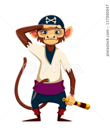 Cartoon monkey animal pirate vector character or corsair holding a spyglass in one hand and watching with the other. Monkey pirate animal dressed in white shirt, purple sash, bandana and trousers Cartoon monkey animal pirate vector character or corsair holding a spyglass in one hand and watching with the other. Monkey pirate animal dressed in white shirt, purple sash, bandana and trousers 137880847