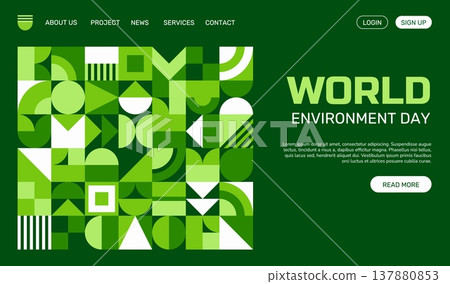 Environment day landing page with geometric pattern. Vector modern green digital layout, website interface celebrating holiday, featuring eco friendly messaging, promote awareness and sustainability 137880853