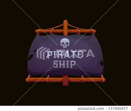 Pirate ship mast with black sails cartoon heraldry icon. Vector corsair boat sail with wooden mast and rugged dark fabric, featuring the text pirate ship and skull. Sea marine adventure game asset Pirate ship mast with black sails cartoon heraldry icon. Vector corsair boat sail with wooden mast and rugged dark fabric, featuring the text pirate ship and skull. Sea marine adventure game asset 137880857