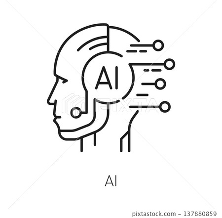 Ai artificial intelligence technology icon with robot head profile, neural network circuit connection lines and digital nodes. Black outline vector sign showing modern technology brain and ai symbol Ai artificial intelligence technology icon with robot head profile, neural network circuit connection lines and digital nodes. Black outline vector sign showing modern technology brain and ai symbol 137880859