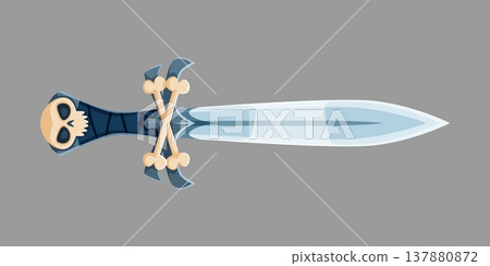 Pirate sword, cold steel arm weapon and corsair cutlass blade, cartoon vector icon. Caribbean pirates Medieval saber sword with skull and crossbones hilt, marine weapon or ancient maritime weaponry 137880872