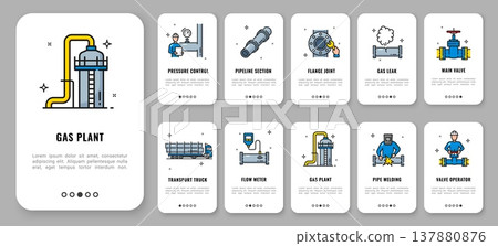 Gas oil industry mobile app onboarding screen, pipeline line vector icons with pressure control, pipeline section, flange joint or gas leak. Main valve, transport truck, flow meter, and pipe welding Gas oil industry mobile app onboarding screen, pipeline line vector icons with pressure control, pipeline section, flange joint or gas leak. Main valve, transport truck, flow meter, and pipe welding 137880876