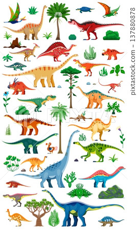 Prehistoric dinosaur species alongside trees and plants. Vector set of cartoon dino walking, eating and grazing. Captures the natural environment and diversity of creatures from ancient Jurassic times 137880878
