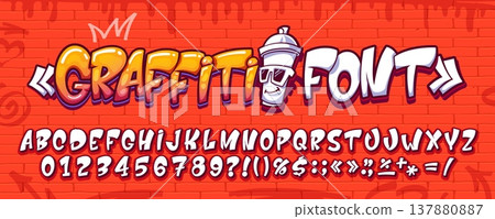 Street art cartoon graffiti font, urban typeface letters on brick wall vector background. Spray paint english alphabet type typography set with uppercase characters. Hip hop graffiti font abc letters Street art cartoon graffiti font, urban typeface letters on brick wall vector background. Spray paint english alphabet type typography set with uppercase characters. Hip hop graffiti font abc letters 137880887