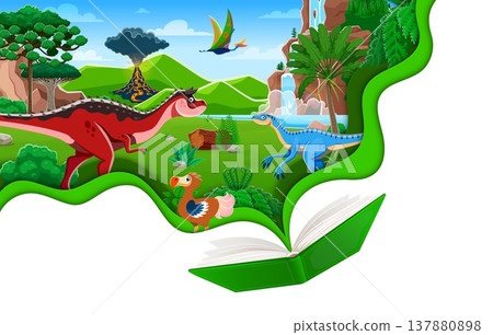 Opened kids book with prehistoric dinosaurs and vector paper cut borders. Cute cartoon carnotaurus, ruphus, quetzalcoatlus and eoraptor dinosaurs characters with volcano nature landscape on book pages Opened kids book with prehistoric dinosaurs and vector paper cut borders. Cute cartoon carnotaurus, ruphus, quetzalcoatlus and eoraptor dinosaurs characters with volcano nature landscape on book pages 137880898