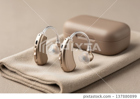 Pair of modern hearing aids displayed on a soft cloth with compact charging case 137880899