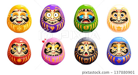Funny japanese daruma dolls, traditional art of Japan, vector mascots of luck and success. Cartoon round color dolls with funny faces and emotions. Japanese daruma toys, Bodhidharma wishing charms set Funny japanese daruma dolls, traditional art of Japan, vector mascots of luck and success. Cartoon round color dolls with funny faces and emotions. Japanese daruma toys, Bodhidharma wishing charms set 137880901