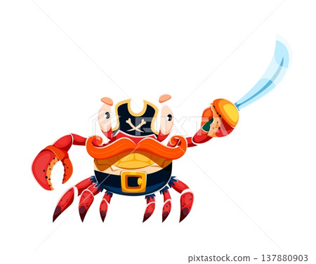 Cartoon red crab animal pirate character. Funny vector crab corsair with big red claws, yellow shell and large orange mustache. One claw holding sharp blue sword. Vector crustacean underwater corsair Cartoon red crab animal pirate character. Funny vector crab corsair with big red claws, yellow shell and large orange mustache. One claw holding sharp blue sword. Vector crustacean underwater corsair 137880903