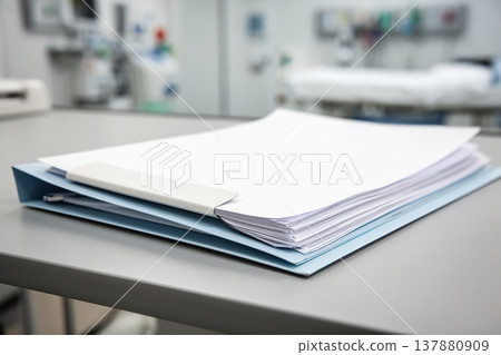 Medical chart folder and paperwork stacked on hospital bed-side table, organized Medical chart folder and paperwork stacked on hospital bed-side table, organized 137880909