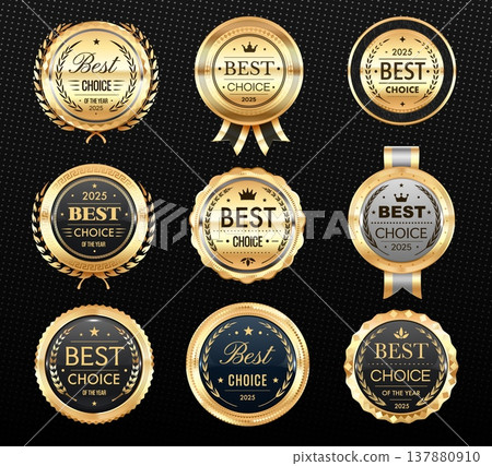 Best choice golden badges and labels, award seals, medal marks with laurel wreaths and ribbons. Vector set of gold quality assurance emblems, premium metallic labels with stars and guarantee symbols Best choice golden badges and labels, award seals, medal marks with laurel wreaths and ribbons. Vector set of gold quality assurance emblems, premium metallic labels with stars and guarantee symbols 137880910