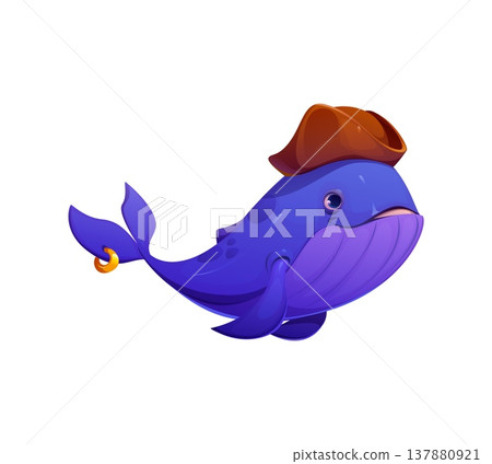 Pirate cartoon whale character in captain tricorn hat, vector corsair game personage. Funny whale in pirate sailor hat with golden earring, Caribbean filibuster character of ocean animal Pirate cartoon whale character in captain tricorn hat, vector corsair game personage. Funny whale in pirate sailor hat with golden earring, Caribbean filibuster character of ocean animal 137880921
