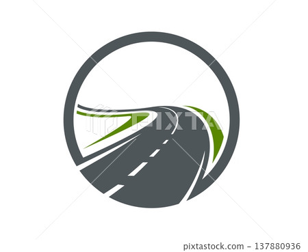 Highway asphalt road icon, pathway route symbol with curved asphalt highway and white dashed lines. Logistics service, navigation app, driving school roadway emblem. Vector transport driveway symbol 137880936