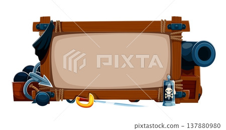 Pirate wooden frame with corsair cannon and weapons. Rugged timbered framework with dynamite, anchor, cannonballs, sword, bandana and treasure chest. Cartoon vector frame for nautical game interface Pirate wooden frame with corsair cannon and weapons. Rugged timbered framework with dynamite, anchor, cannonballs, sword, bandana and treasure chest. Cartoon vector frame for nautical game interface 137880980