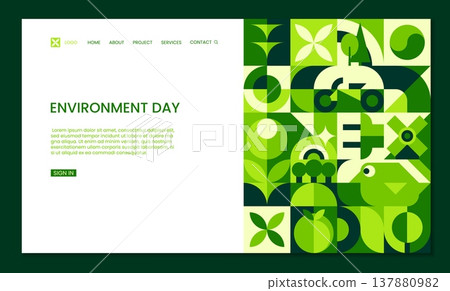 Ecology and environment day landing page template. Fresh and modern green template with geometric leaves, trees, flowers, birds, bicycle, and wind turbines for environmental awareness campaign Ecology and environment day landing page template. Fresh and modern green template with geometric leaves, trees, flowers, birds, bicycle, and wind turbines for environmental awareness campaign 137880982