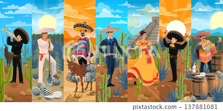 Mexican festival characters in national costumes. Cartoon vector mariachi musicians, dancers in traditional dress, men in sombrero or poncho, jimador harvester worker, cowboy charro, donkey with agave Mexican festival characters in national costumes. Cartoon vector mariachi musicians, dancers in traditional dress, men in sombrero or poncho, jimador harvester worker, cowboy charro, donkey with agave 137881081