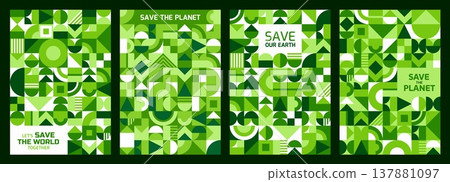 Save the Earth posters with geometric pattern and abstract natural elements. Vector ecology, sustainability and environment retro modern modular backgrounds with mosaic shapes in shades of green Save the Earth posters with geometric pattern and abstract natural elements. Vector ecology, sustainability and environment retro modern modular backgrounds with mosaic shapes in shades of green 137881097