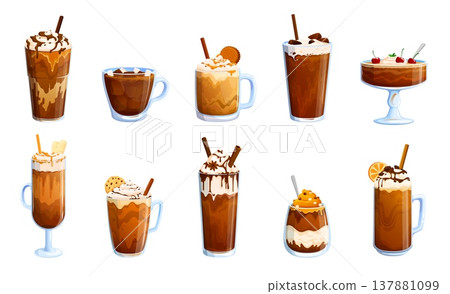 Chocolate dessert and coffee drinks of iced coffee. Creamy cappuccino and chocolate milkshake with whipped cream swirls, syrup topping, caramel drizzle and dark chocolate layers, cookies, marshmallow Chocolate dessert and coffee drinks of iced coffee. Creamy cappuccino and chocolate milkshake with whipped cream swirls, syrup topping, caramel drizzle and dark chocolate layers, cookies, marshmallow 137881099