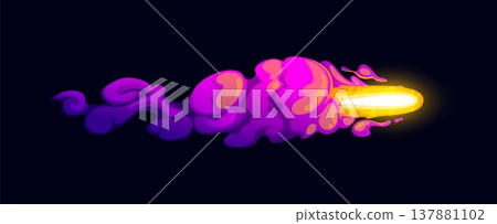Game gun effect of blast shot from laser plasma blaster, cartoon vector energy fireball. Game gun VFX effect of plasma blast with fire flame bullet and purple smoke cloud trail of laser gun fast shoot Game gun effect of blast shot from laser plasma blaster, cartoon vector energy fireball. Game gun VFX effect of plasma blast with fire flame bullet and purple smoke cloud trail of laser gun fast shoot 137881102