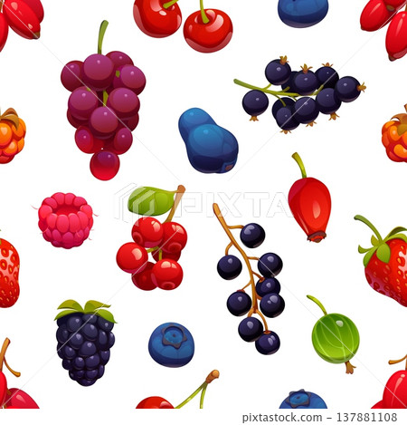 Cartoon ripe berry fruits seamless pattern. Vector pattern featuring strawberries, raspberries, blueberries, blackberries, grape, cherry and currants. Textile design, summer packaging 137881108
