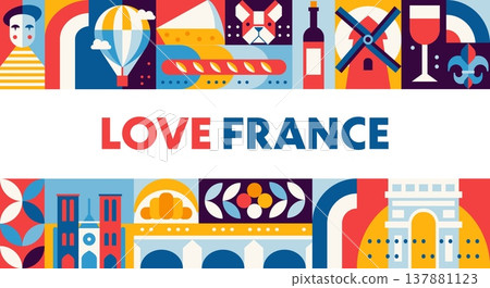 France travel banner with abstract geometric pattern. Vector iconic French cheese, air balloon, mime and French bulldog. Poster with wine, heraldry, croissant, cathedral, and triumphal arch for ads France travel banner with abstract geometric pattern. Vector iconic French cheese, air balloon, mime and French bulldog. Poster with wine, heraldry, croissant, cathedral, and triumphal arch for ads 137881123