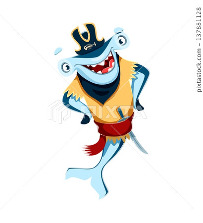 Cartoon hammerhead shark animal pirate vector character in yellow vest, red sash and black tricorn hat with skull. Funny smiling corsair shark marine predator personage carries a cutlass at its side Cartoon hammerhead shark animal pirate vector character in yellow vest, red sash and black tricorn hat with skull. Funny smiling corsair shark marine predator personage carries a cutlass at its side 137881128